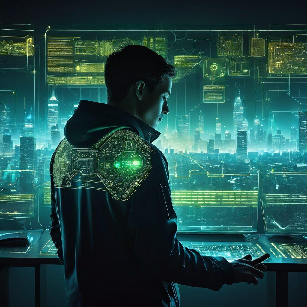 A visually striking digital fortress made of glowing circuits and firewalls, surrounded by a protective shield representing various security icons like locks and shields. In the foreground, a silhouette of a person thoughtfully analyzing data on a futuristic screen, with a backdrop of a modern city skyline reflecting digital themes. soft blue tones with accents of bright green and yellow. super-realistic. vibrant colors.