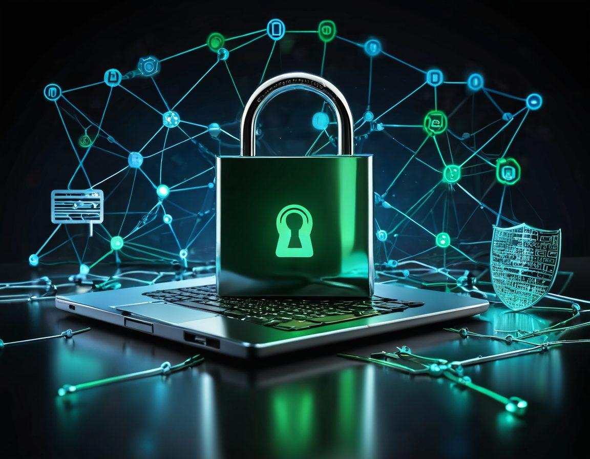 A digital toolkit lying on a sleek, reflective surface, showcasing various cybersecurity items like a padlock, a shield, a VPN icon, and a mask symbolizing anonymity. In the background, a glowing network of interconnected nodes represents communication pathways, with shades of blue and green adding a sense of technology. Include binary code subtly flowing around the toolkit to emphasize encryption. super-realistic. vibrant colors. dark background.