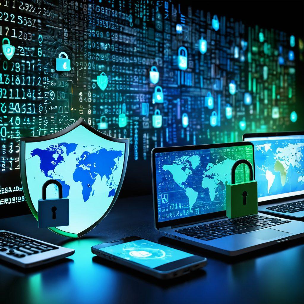 A collage of digital locks and shields symbolizing data protection, with a blurred background of diverse communication devices like smartphones and laptops. Include elements like binary code and a world map in the background to represent global connectivity. The overall color scheme should be a mix of blue and green for a techy feel. super-realistic. vibrant colors. 3D.